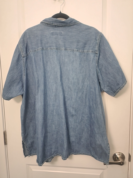 Vintage-Inspired Denim Zip-Front Short Sleeve Shirt - Blue - Picture 5 of 5